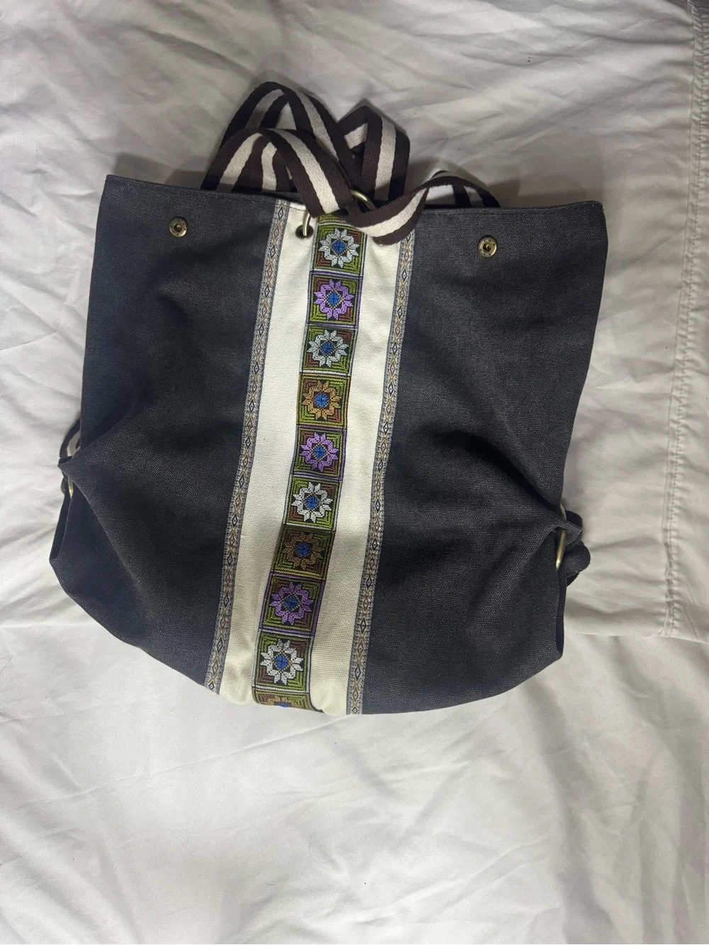Black Canvas Tote with Embroidered Center Stripe